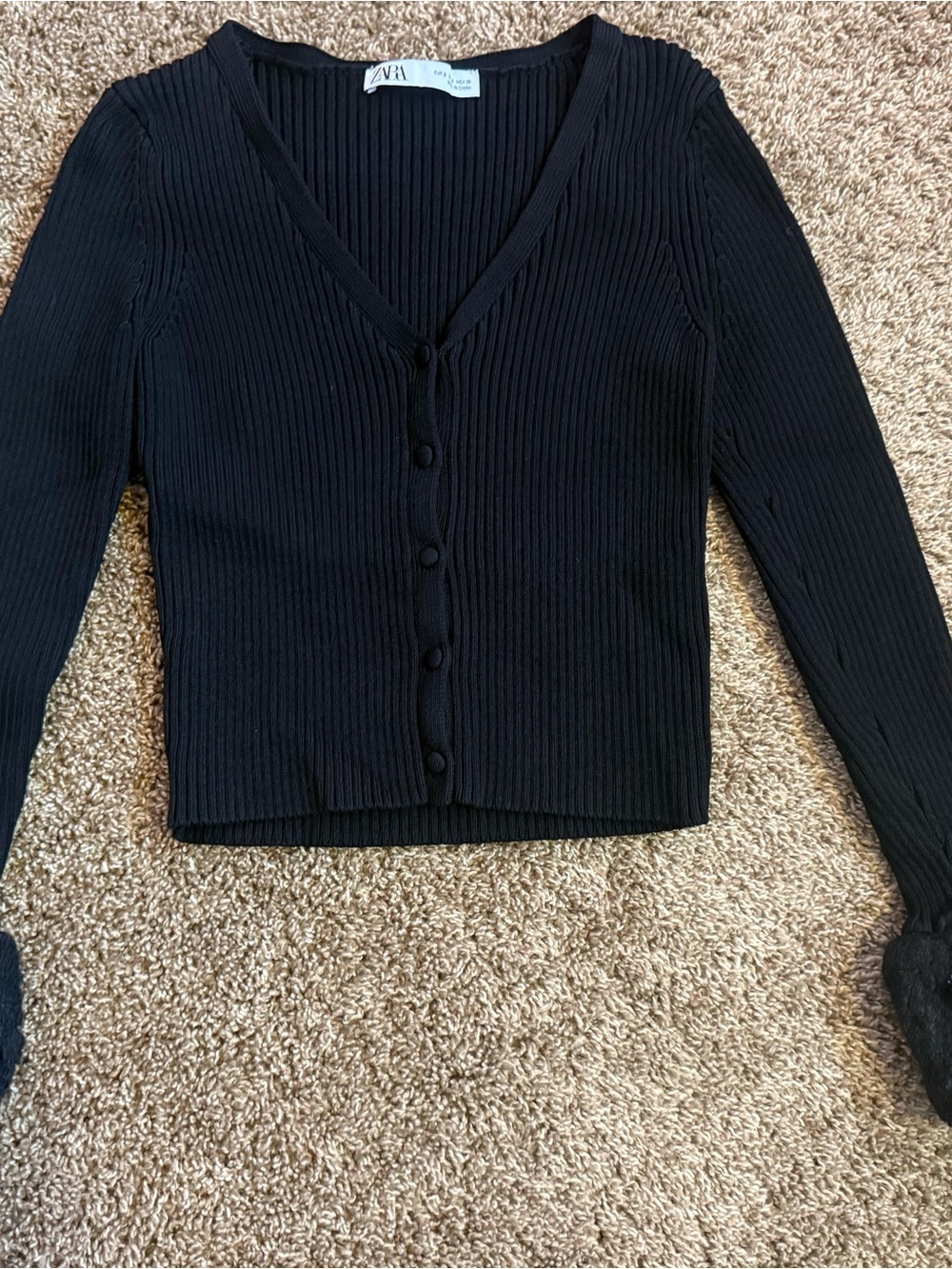 ZARA Black Ribbed V-Neck Button-Up Sweater